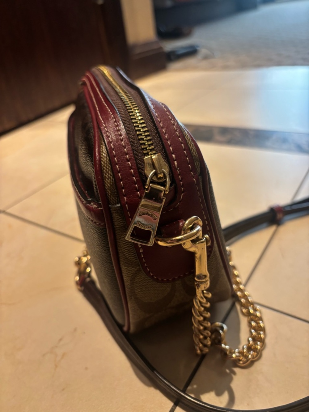 Coach Brown Signature Canvas Crossbody with Burgundy Trim - Picture 6 of 7